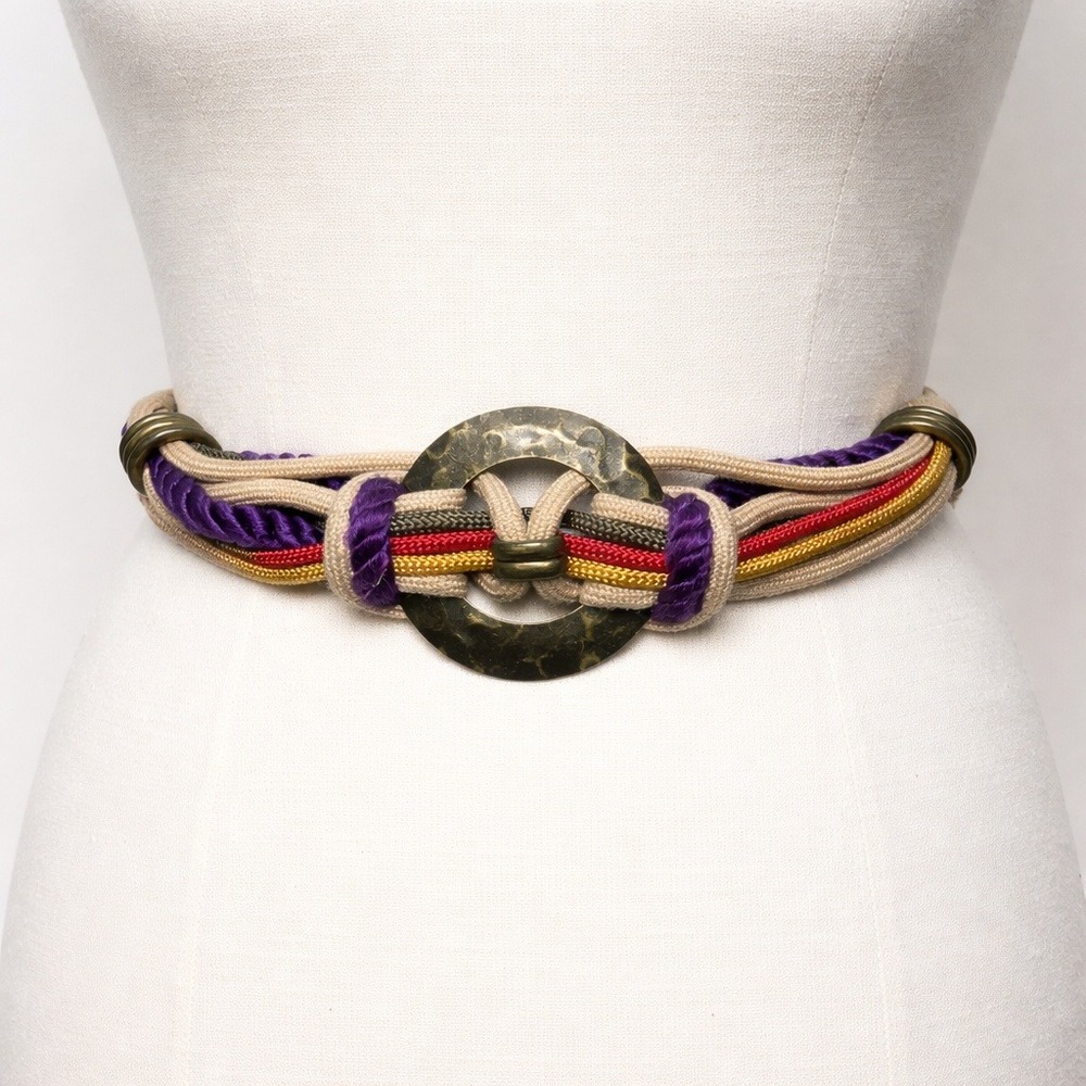 VTG Boho Braided Rope Belt Round‎ Buckle Festival Y2K Cottagecore Western Chic